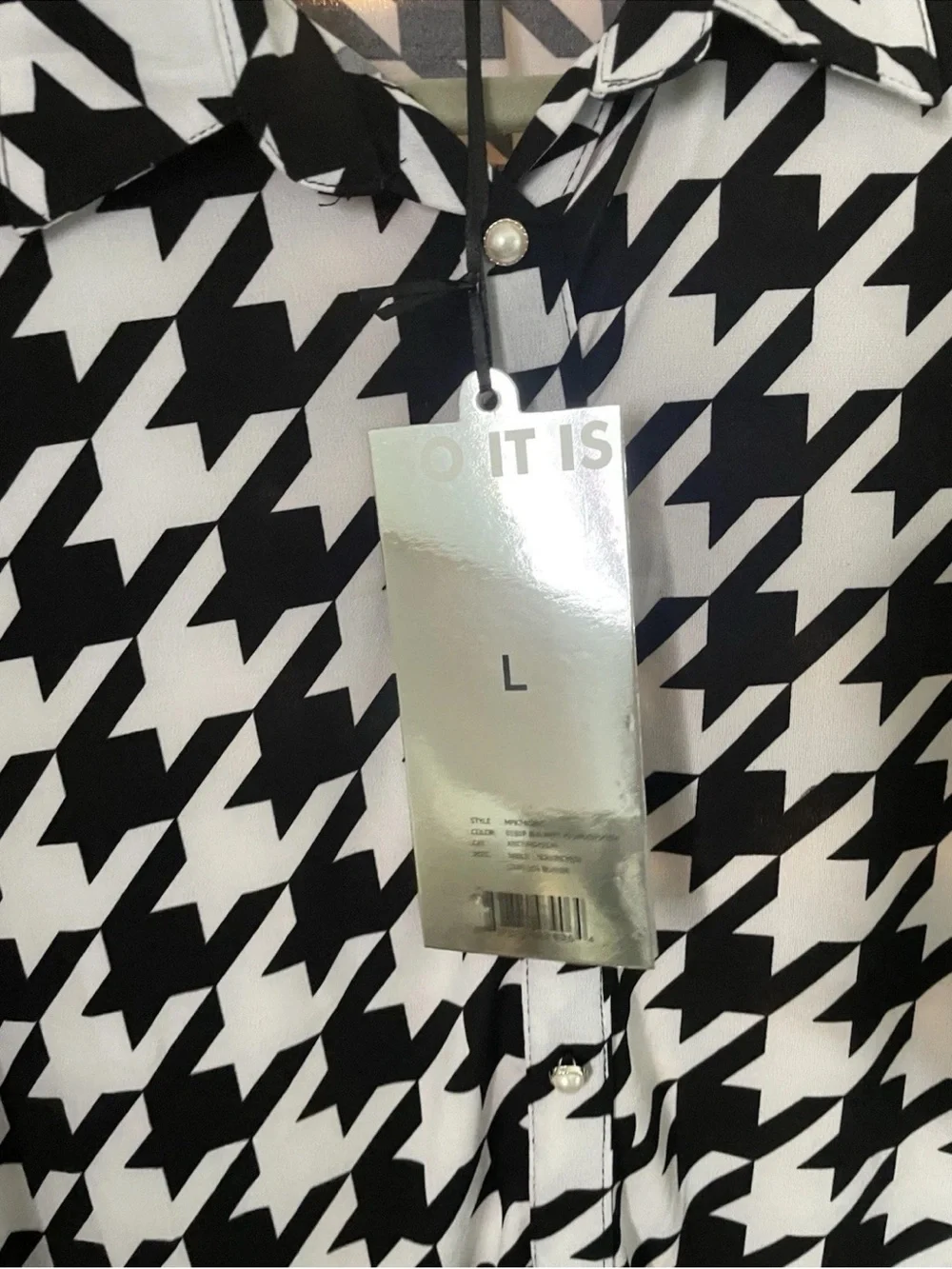 Black & White Houndstooth Embellished Pearl & Rhinestone Button-Down  size L NWT